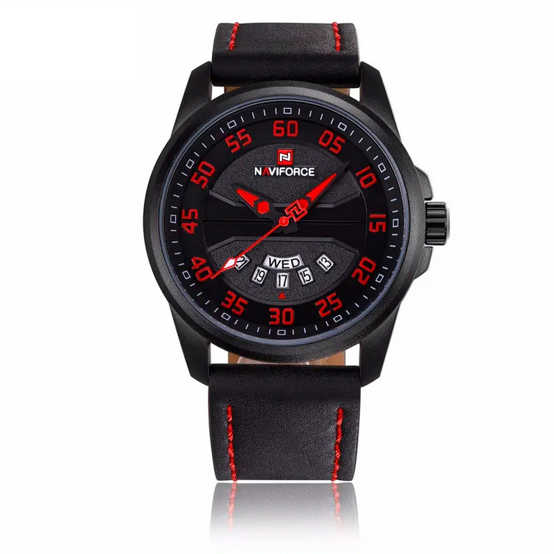 Reloj Naviforce Original Nf 9124 Cuero Hombre Negro Rojo + Estuche