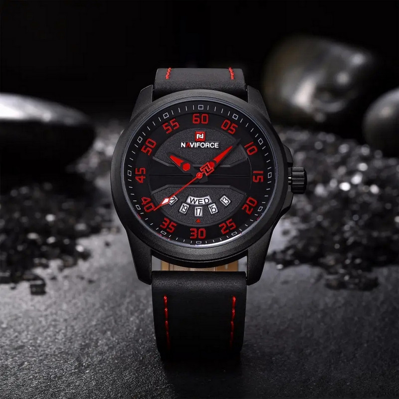 Reloj Naviforce Original Nf 9124 Cuero Hombre Negro Rojo + Estuche