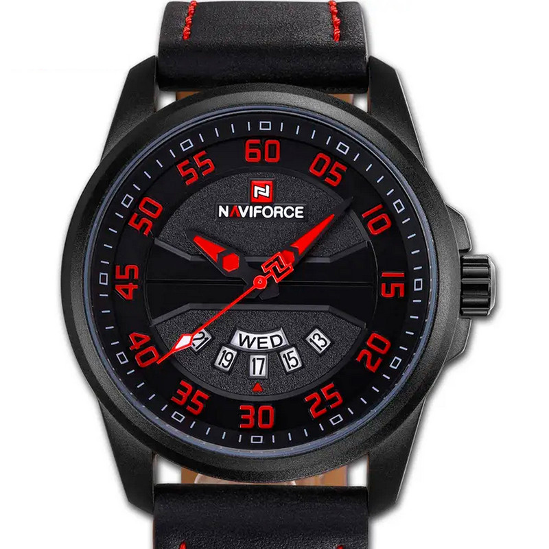 Reloj Naviforce Original Nf 9124 Cuero Hombre Negro Rojo + Estuche