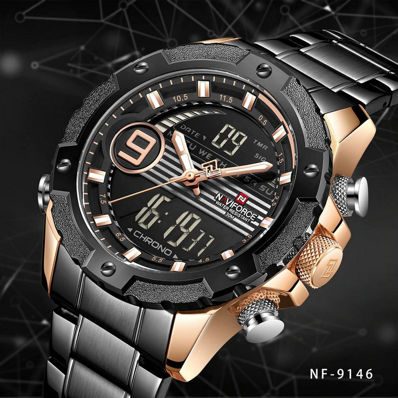 Reloj Naviforce Original Nf 9146 Acero Inoxidable Negro Rosa + Estuche