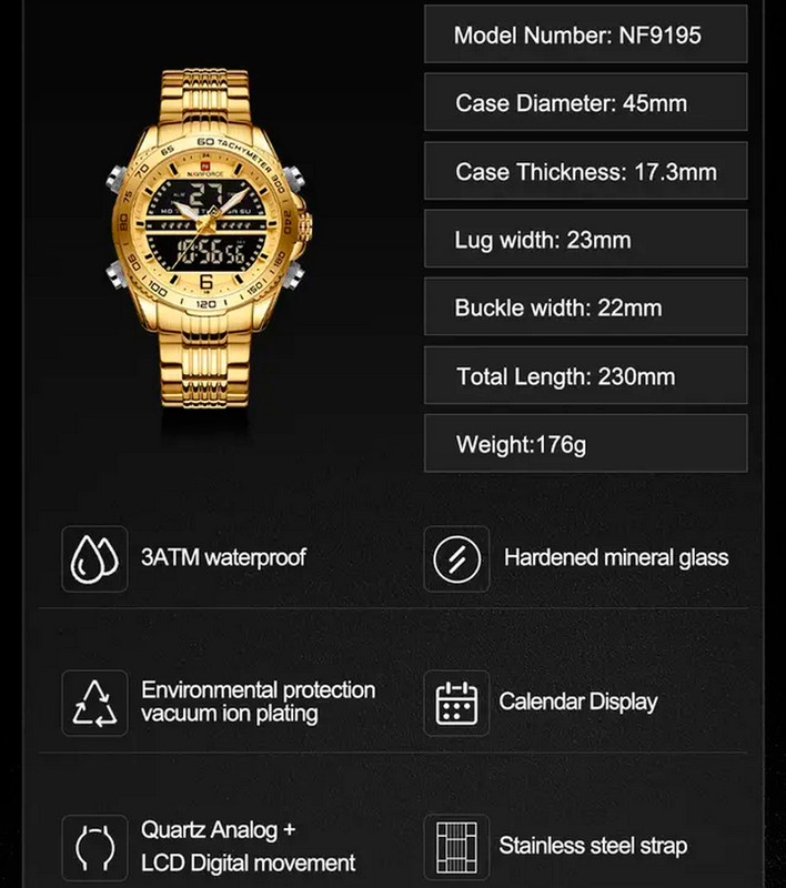 Reloj Naviforce Original Nf 9195 Acero Inoxidable Dorado + Estuche