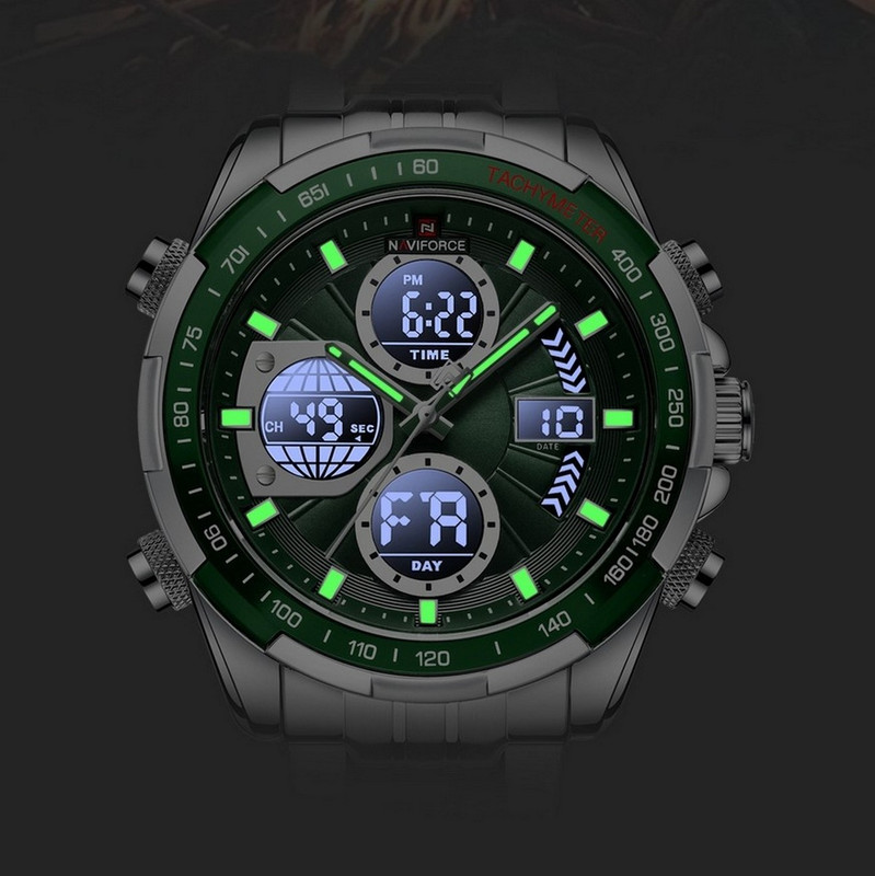 Reloj Naviforce Original Nf 9197 Acero Inoxidable Plateado Verde + Estuche