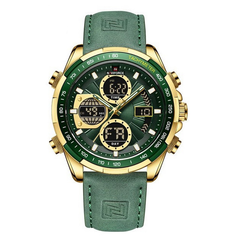 Reloj Naviforce Original Nf 9197 Casual Cuero Verde Dorado + Estuche