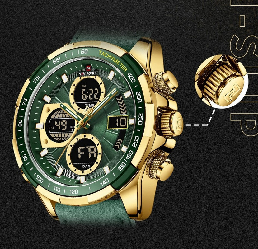 Reloj Naviforce Original Nf 9197 Casual Cuero Verde Dorado + Estuche