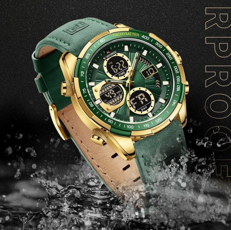 Reloj Naviforce Original Nf 9197 Casual Cuero Verde Dorado + Estuche