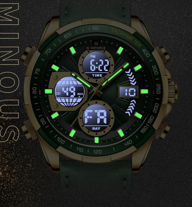 Reloj Naviforce Original Nf 9197 Casual Cuero Verde Dorado + Estuche