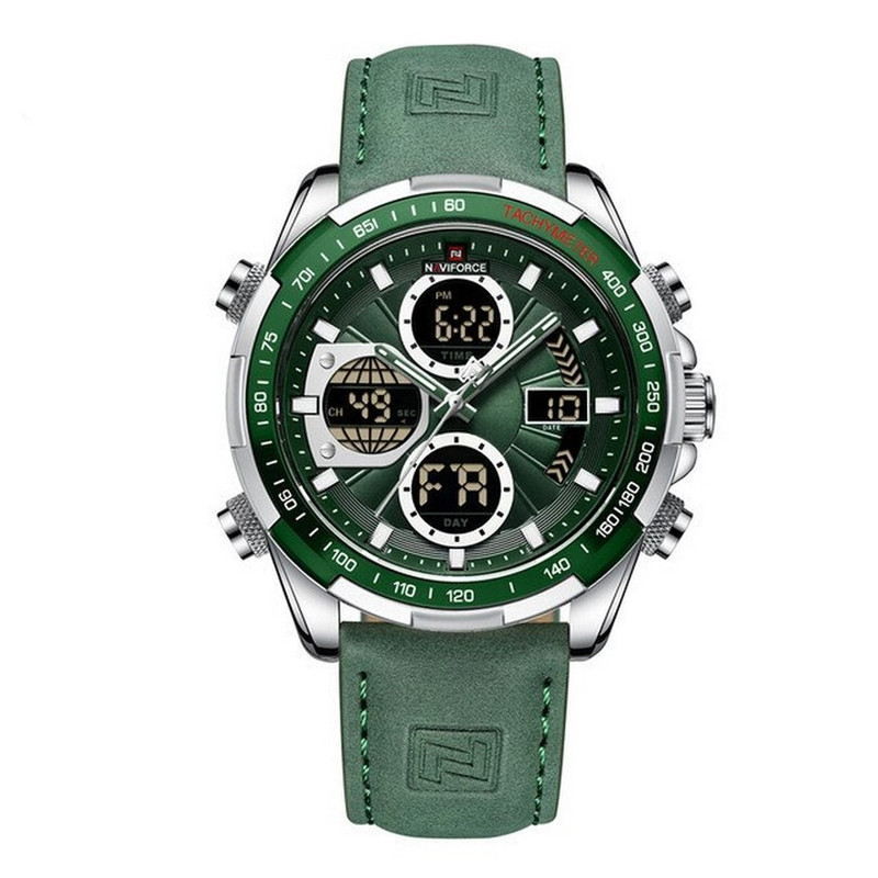 Reloj Naviforce Original Nf 9197 Casual Cuero Verde Plateado + Estuche