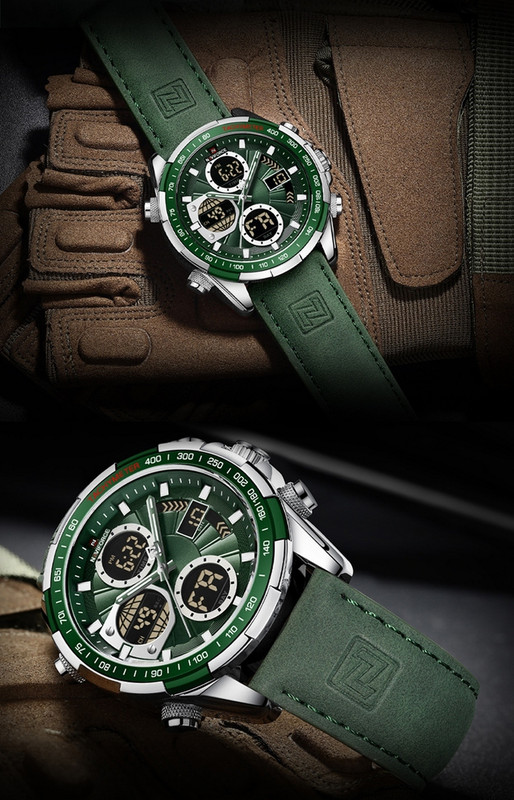 Reloj Naviforce Original Nf 9197 Casual Cuero Verde Plateado + Estuche