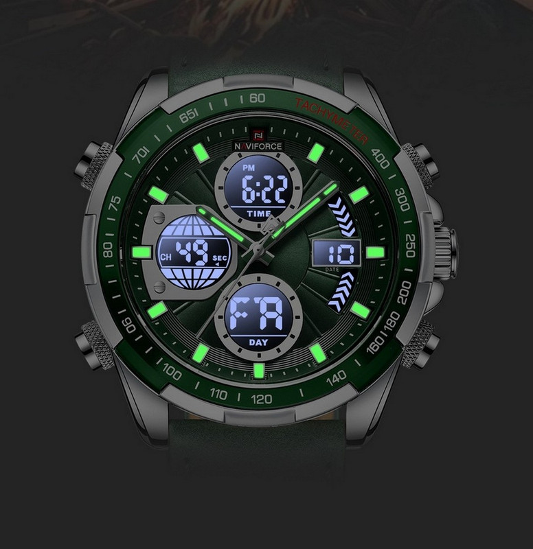 Reloj Naviforce Original Nf 9197 Casual Cuero Verde Plateado + Estuche