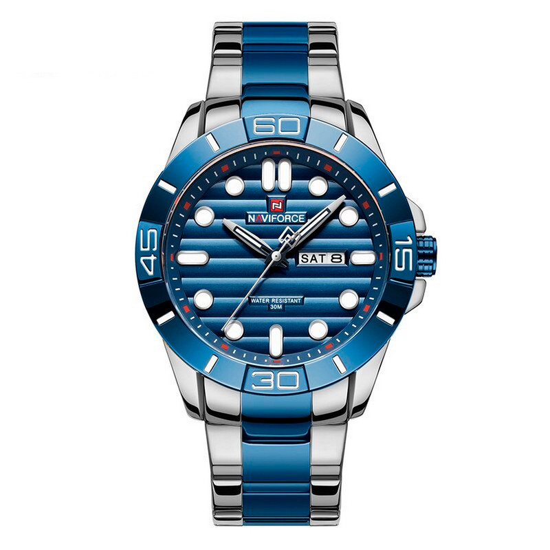 Reloj Naviforce Original Nf 9198 Acero Inoxidable Plateado Azul + Estuche