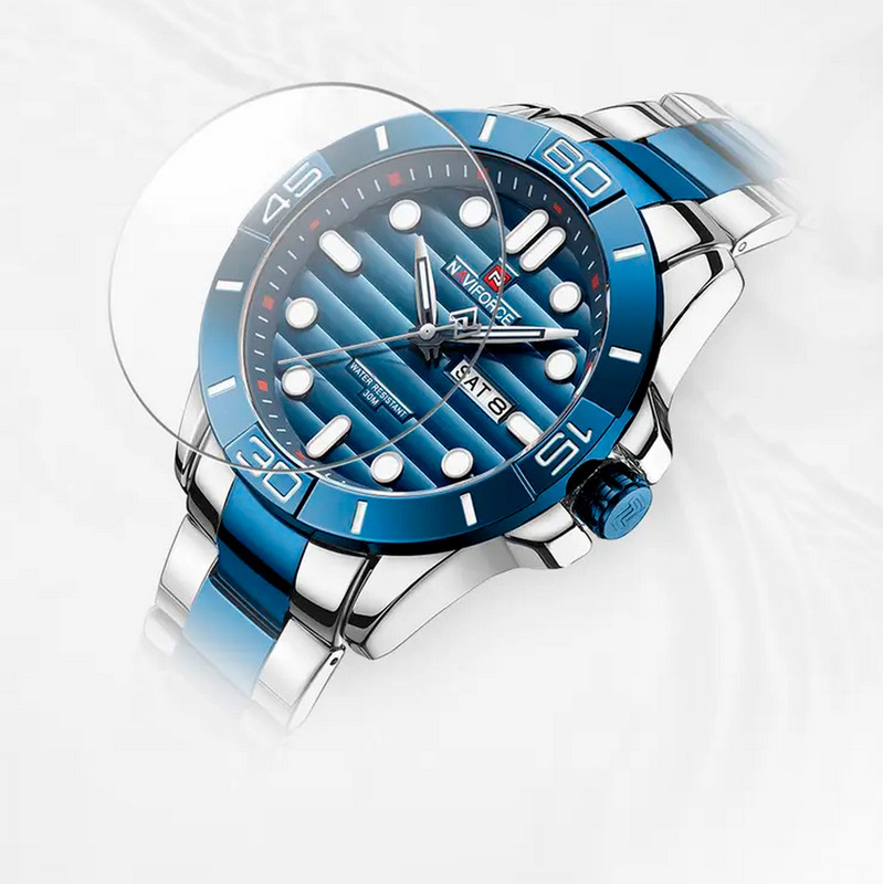 Reloj Naviforce Original Nf 9198 Acero Inoxidable Plateado Azul + Estuche