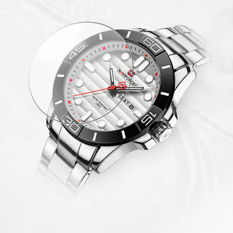 Reloj Naviforce Original Nf 9198 Acero Inoxidable Plateado Fondo Blanco + Estuche