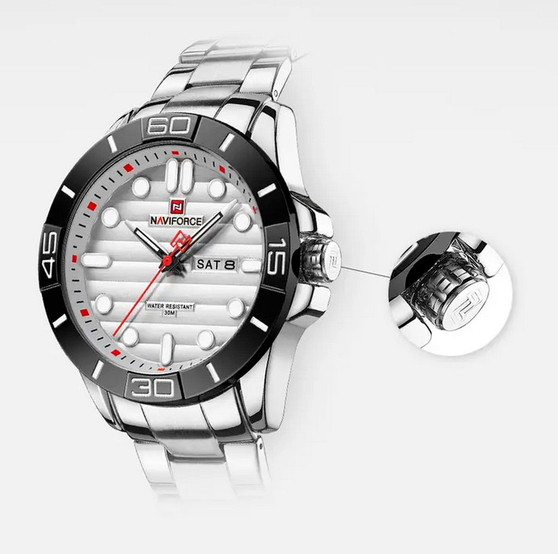 Reloj Naviforce Original Nf 9198 Acero Inoxidable Plateado Fondo Blanco + Estuche