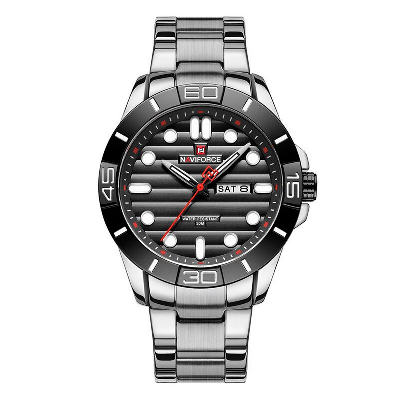 Reloj Naviforce Original Nf 9198 Acero Inoxidable Plateado Fondo Negro + Estuche