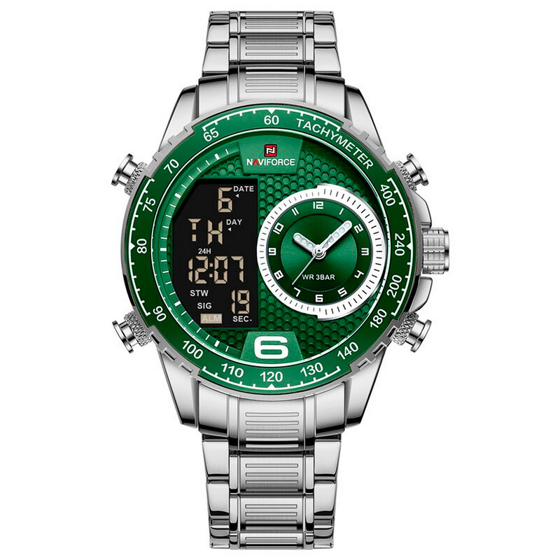 Reloj Naviforce Original Nf 9199 Acero Inoxidable Plateado Fondo Verde + Estuche