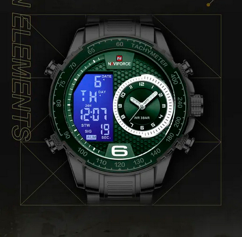 Reloj Naviforce Original Nf 9199 Acero Inoxidable Plateado Fondo Verde + Estuche