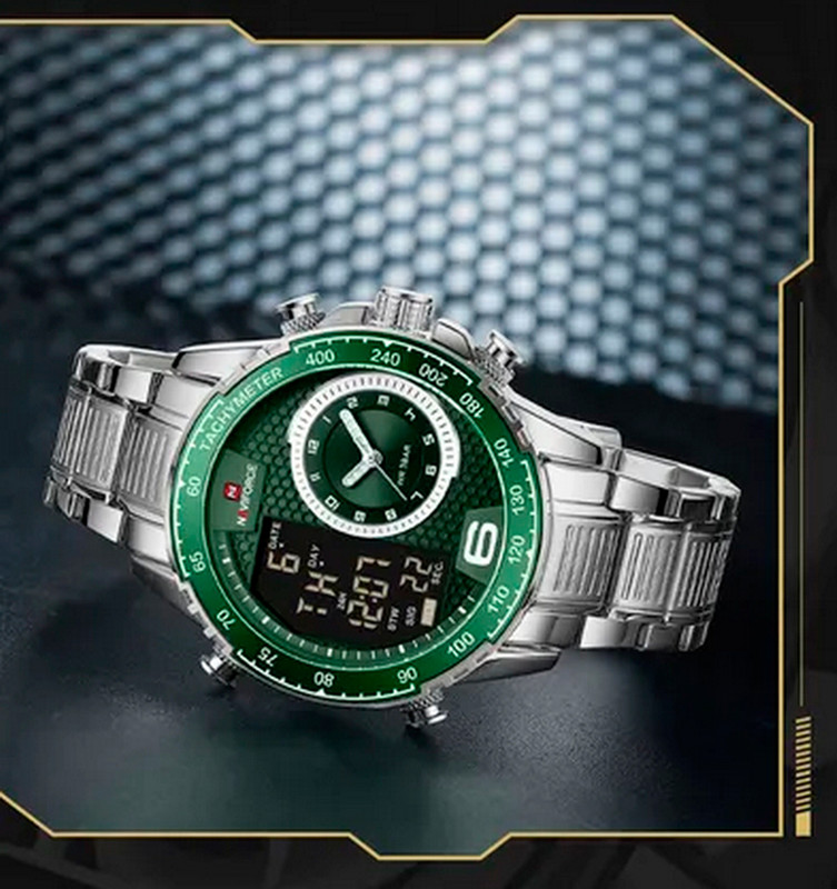 Reloj Naviforce Original Nf 9199 Acero Inoxidable Plateado Fondo Verde + Estuche