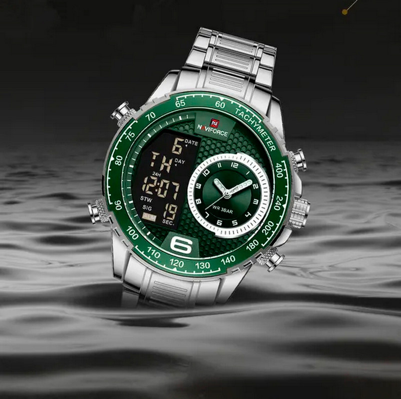 Reloj Naviforce Original Nf 9199 Acero Inoxidable Plateado Fondo Verde + Estuche