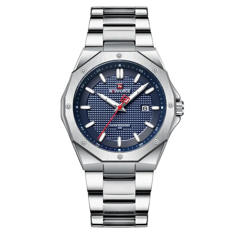 Reloj Naviforce Original Nf 9200 Acero Hombre Plateado Fondo Azul + Estuche