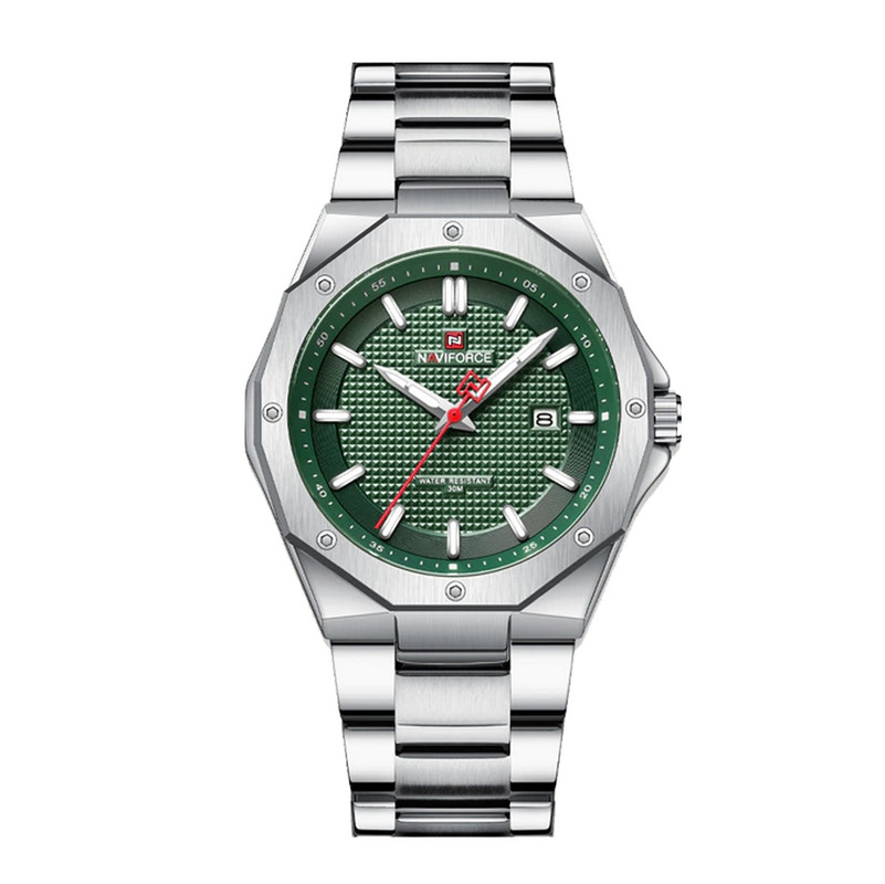 Reloj Naviforce Original Nf 9200 Acero Hombre Plateado Fondo Verde + Estuche