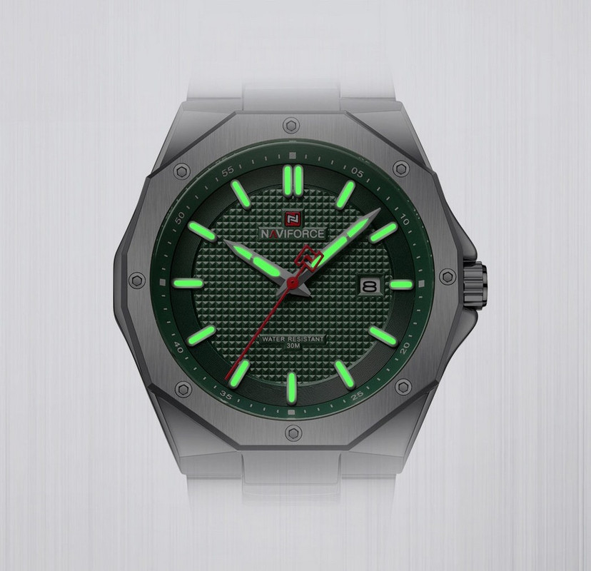 Reloj Naviforce Original Nf 9200 Acero Hombre Plateado Fondo Verde + Estuche