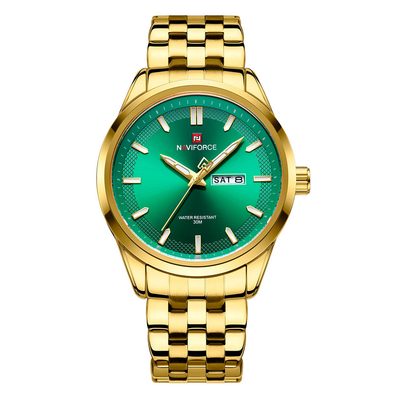 Reloj Naviforce Original Nf 9203 Acero Inoxidable Dorado Fondo Verde + Estuche