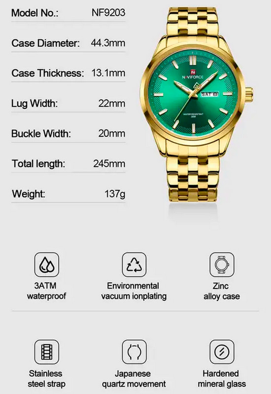 Reloj Naviforce Original Nf 9203 Acero Inoxidable Dorado Fondo Verde + Estuche