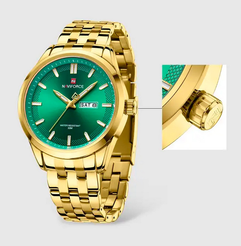 Reloj Naviforce Original Nf 9203 Acero Inoxidable Dorado Fondo Verde + Estuche