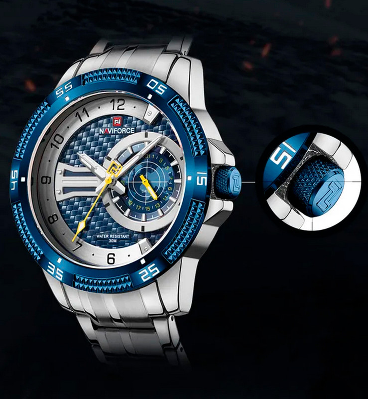 Reloj Naviforce Original Nf 9206 Acero Inoxidable Plateado Azul + Estuche