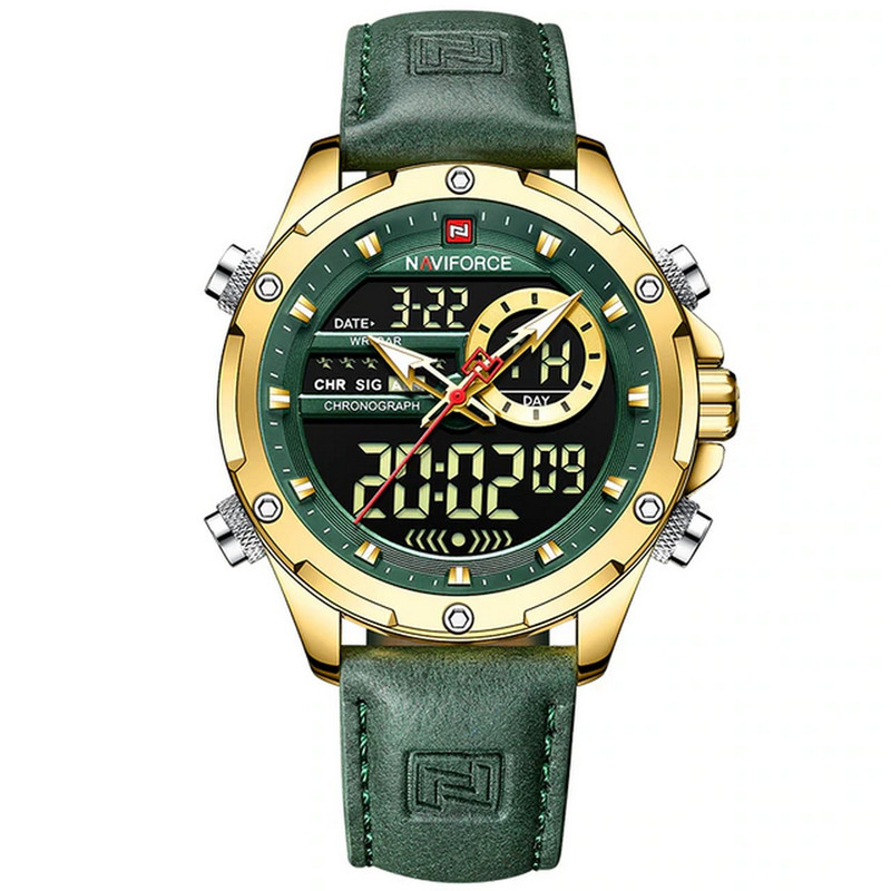 Reloj Naviforce Original Nf 9208 Casual Cuero Verde Dorado + Estuche