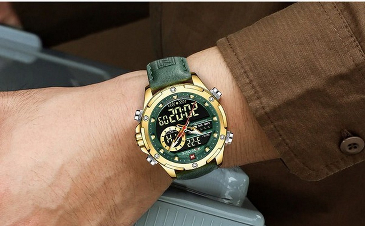 Reloj Naviforce Original Nf 9208 Casual Cuero Verde Dorado + Estuche