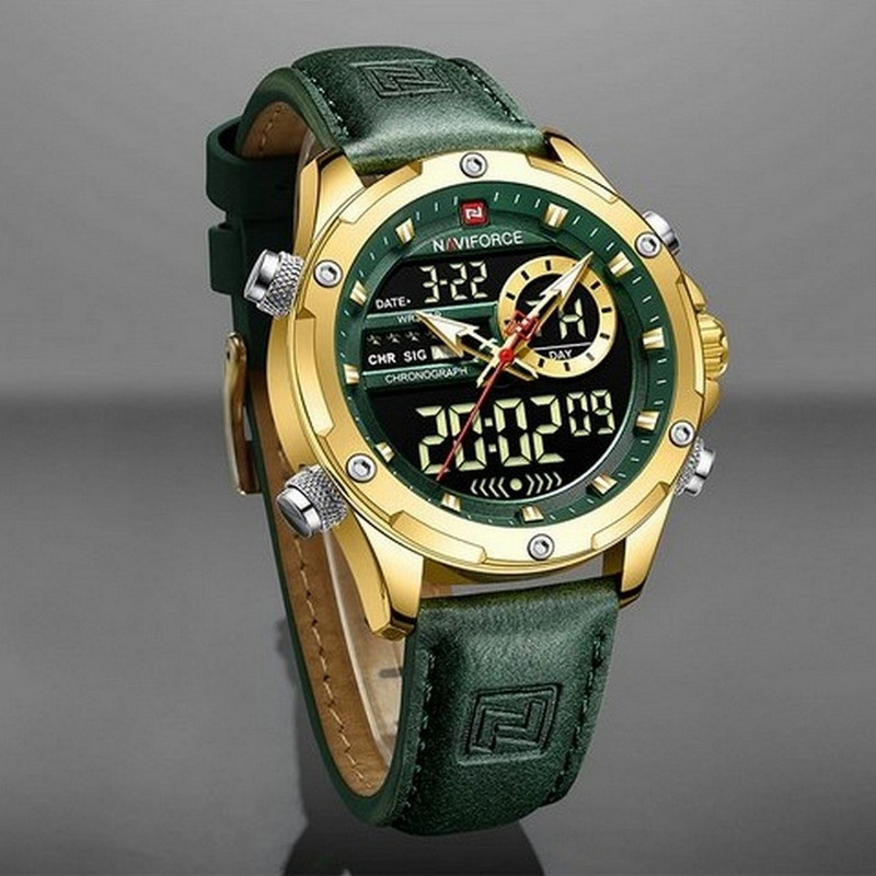 Reloj Naviforce Original Nf 9208 Casual Cuero Verde Dorado + Estuche