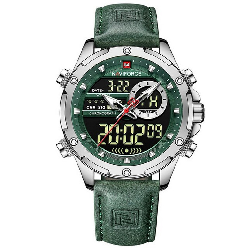 Reloj Naviforce Original Nf 9208 Casual Cuero Verde Plateado + Estuche