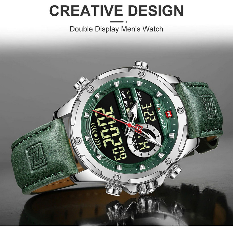 Reloj Naviforce Original Nf 9208 Casual Cuero Verde Plateado + Estuche