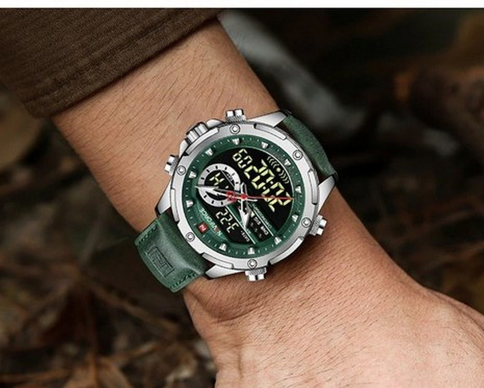 Reloj Naviforce Original Nf 9208 Casual Cuero Verde Plateado + Estuche