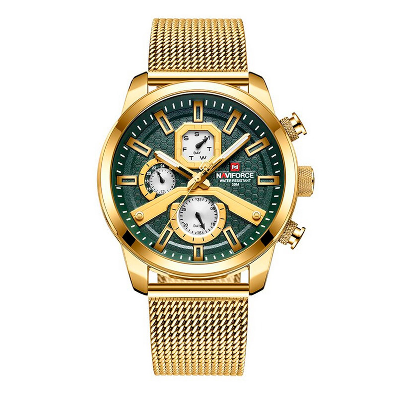 Reloj Naviforce Original Nf 9211 Acero Inoxidable Dorado Fondo Verde + Estuche