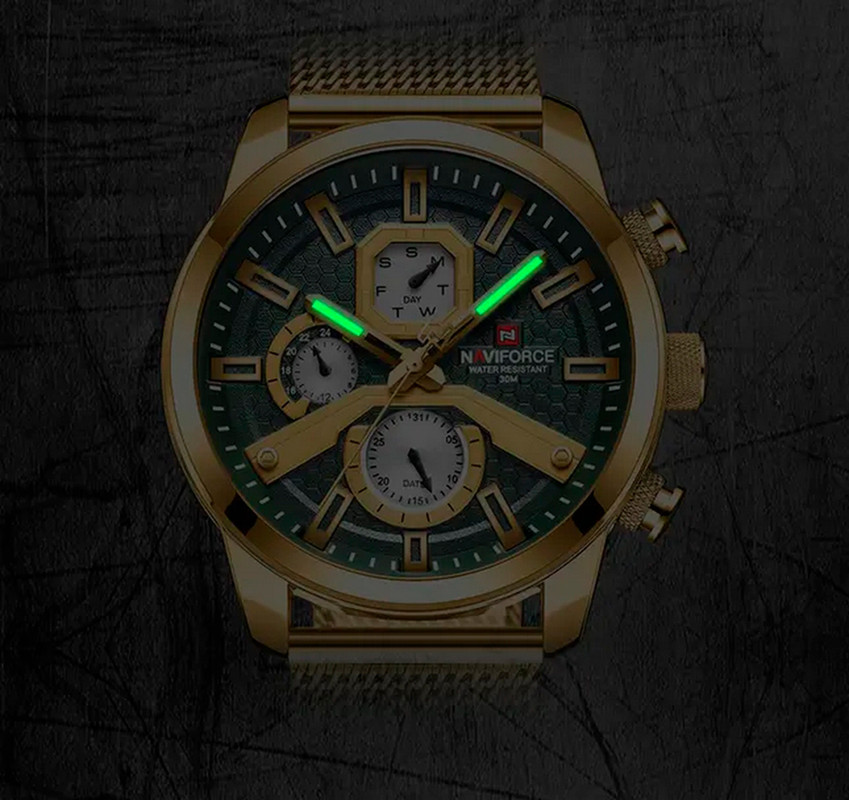 Reloj Naviforce Original Nf 9211 Acero Inoxidable Dorado Fondo Verde + Estuche