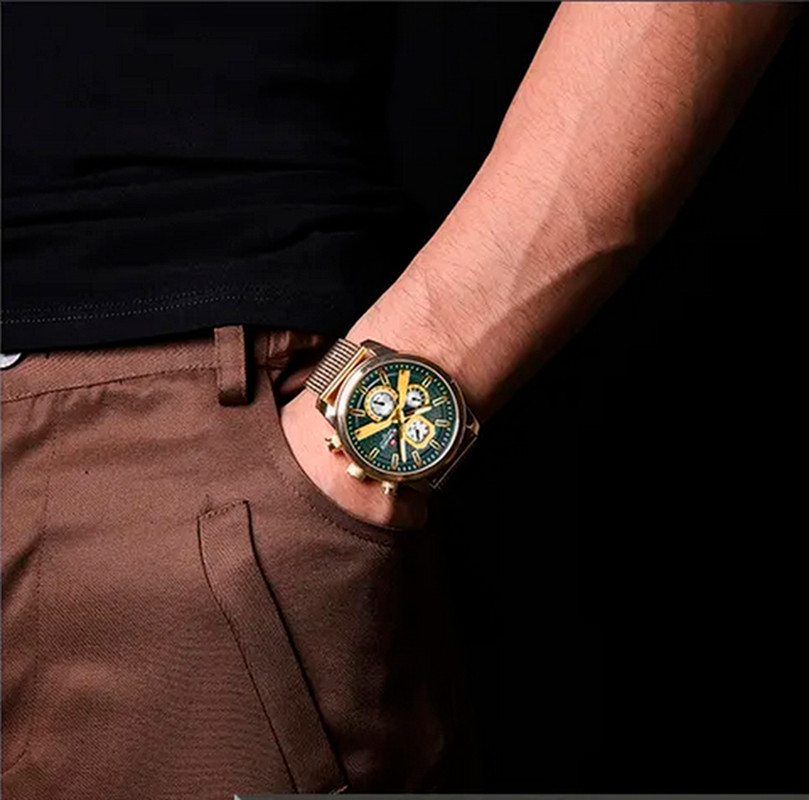 Reloj Naviforce Original Nf 9211 Acero Inoxidable Dorado Fondo Verde + Estuche