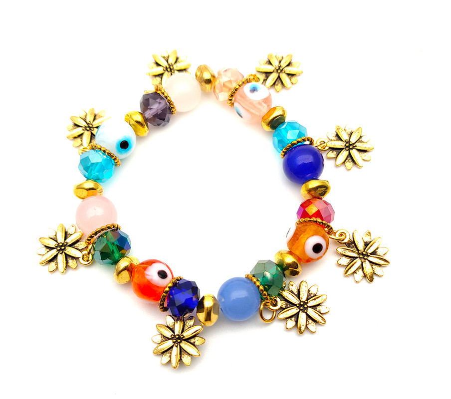 Pulsera Pedreria Colorida Ojo Turco Flor Dorada