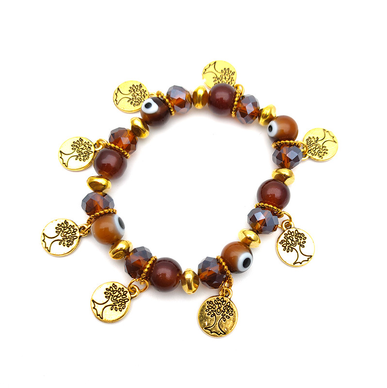 Pulsera Pedreria Marron Ojo Turco Arbol Dorado