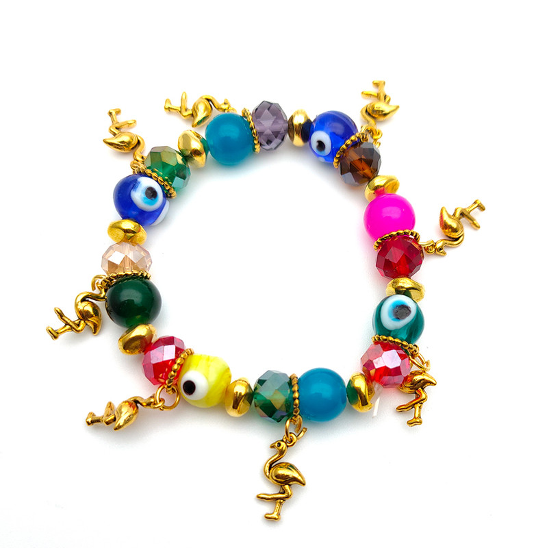 Pulsera Pedreria Colorida Ojo Turco Flamenco Dorado