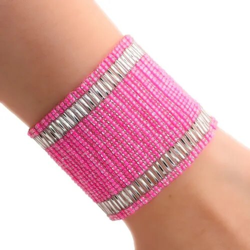 Pulsera Brazalete Pedreria Mostacilla Checa Fucsia