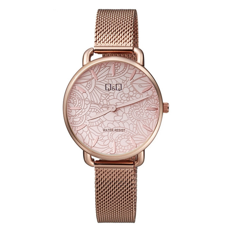 Reloj Q&q Qyq Elegante Qc27j001y Acero Oro Rosa Fondo Rosa Mujer + Estuche 