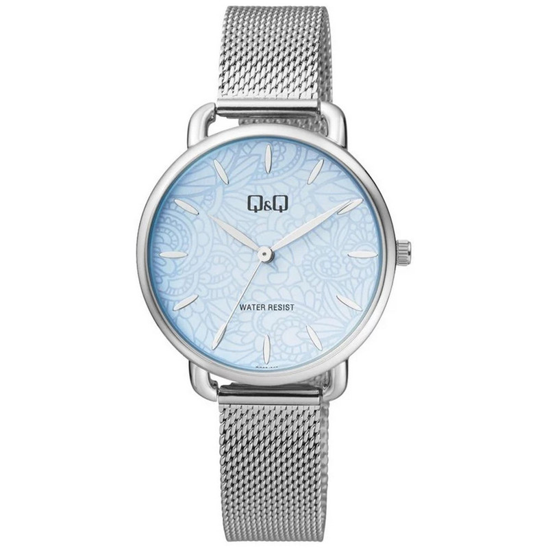 Reloj Q&q Qyq Elegante Qc27j001y Acero  Mujer Plateado Fondo Azul + Estuche 