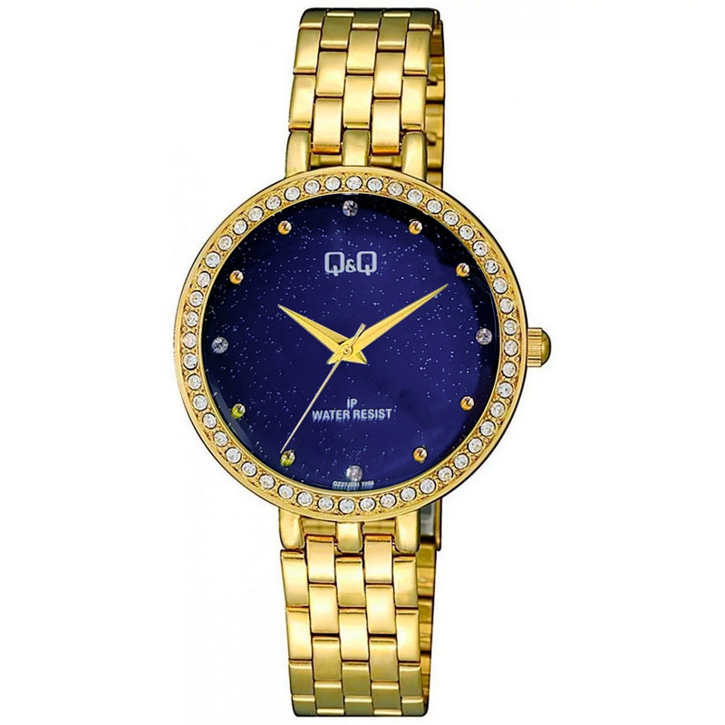 Reloj Q&q Qyq Elegante Qz27j001y Dorado Fondo Azul + Estuche 