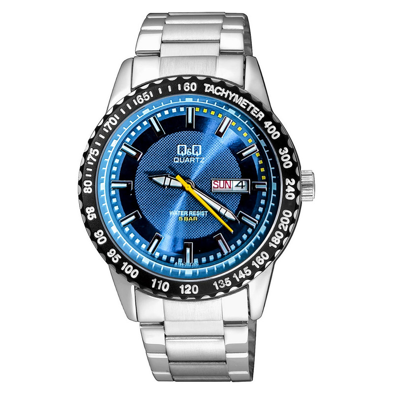 Reloj Q&q Qyq A194-202 Elegante Acero Calendario Plateado Fondo Azul + Estuche 