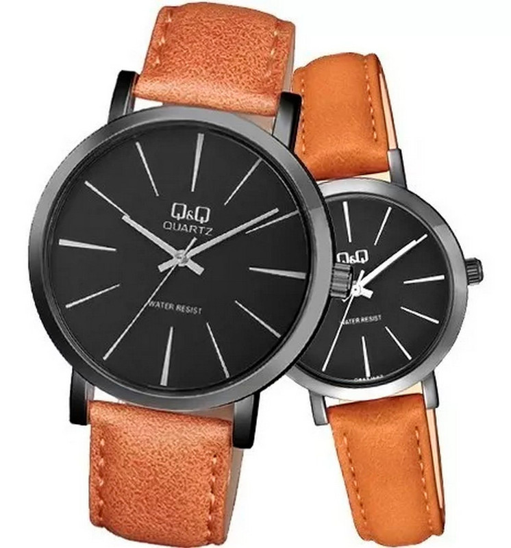 Relojes Pareja Duo Qyq Cuero Quartz Q&q Q892j422 Marron Fondo Negro + Estuche