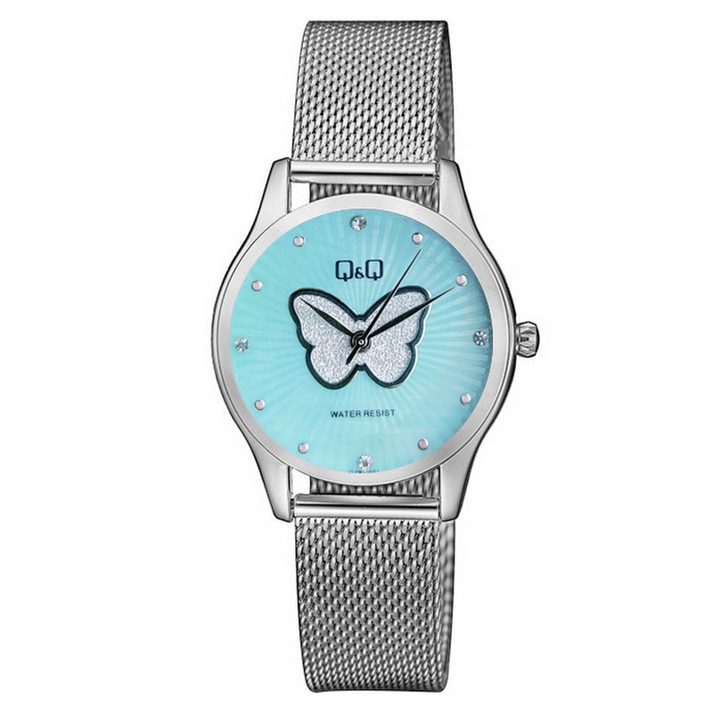 Reloj Q&q Qyq Elegante Mariposa Qz93j001 Plateado Fondo Turquesa + Estuche