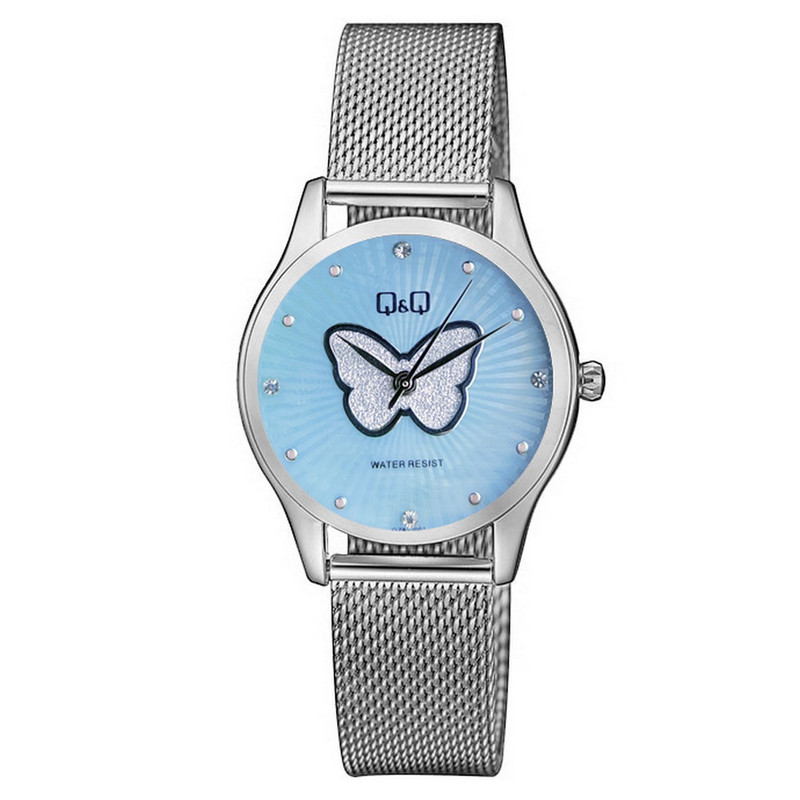 Reloj Q&q Qyq Elegante Mariposa Qz93j001 Plateado Fondo Azul + Estuche