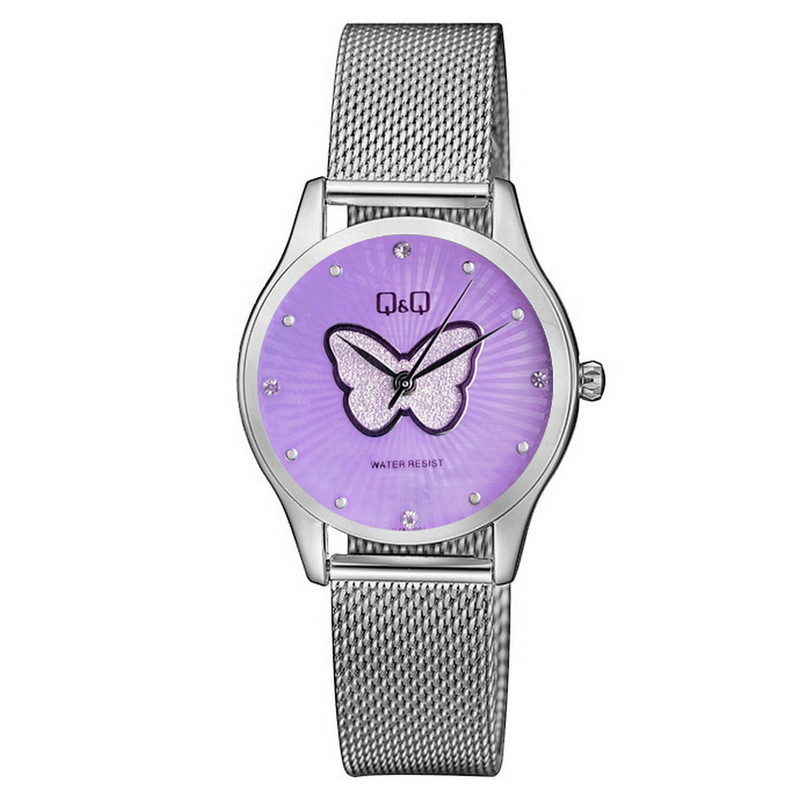 Reloj Q&q Qyq Elegante Mariposa Qz93j001 Plateado Fondo Violeta + Estuche